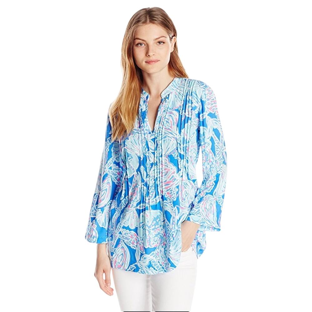 Lilly Pulitzer Bay Blue Into the Deep White Pink Sarasota Tunic Blouse Rayon XS